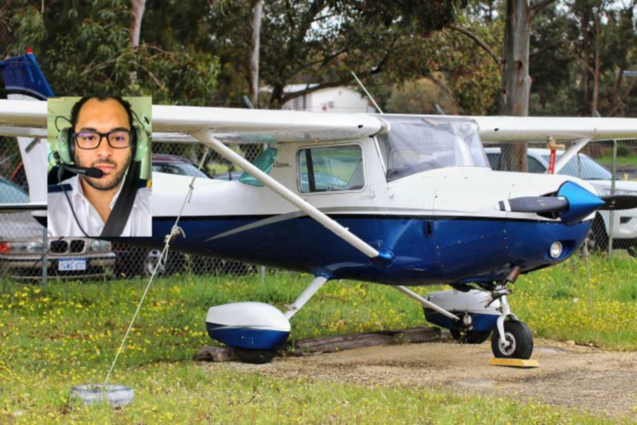 PESAWAT Cessna yang selamat mendarat di Lapangan Terbang Jandakot, Perth dengan bantuan arahan menara kawalan. Gambar kecil, Sylvester.