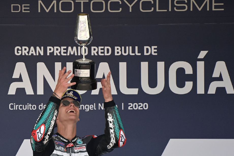 QUARTARARO meraikan kemenangan di Jerez, minggu lalu. FOTO AFP 