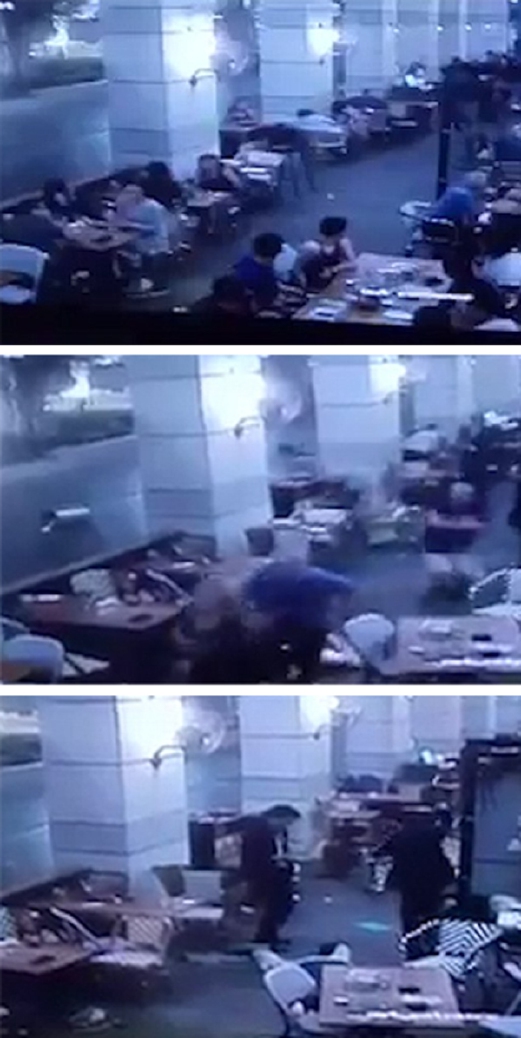 Rakaman CCTV menunjukkan keadaan sebelum serangan dan orang ramai bertempiaran menyelamatkan diri. Gambar bawah menunjukkan dua penyerang berhenti mengisi peluru. 