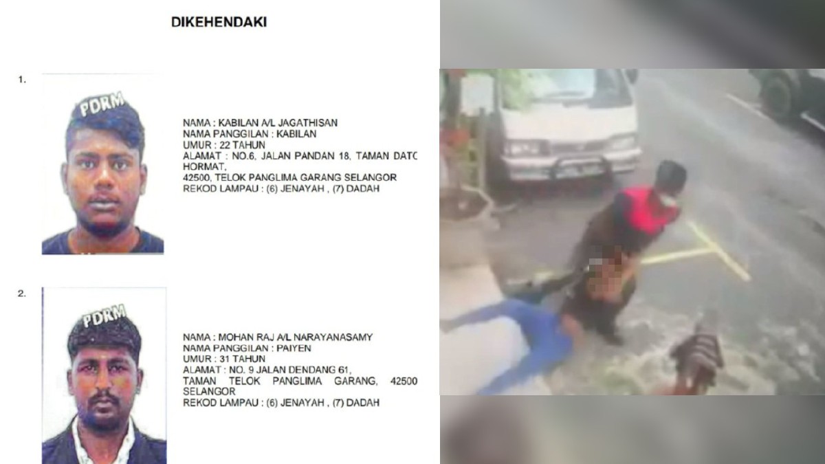 Dua suspek yang sedang diburu polis berkaitan kejadian cubaan ragut di Batu 15 Jalan Klang-Banting semalam. (Gambar kanan) Rakaman video kejadian itu yang tular di media sosial. Foto Ihsan PDRM dan Pembaca