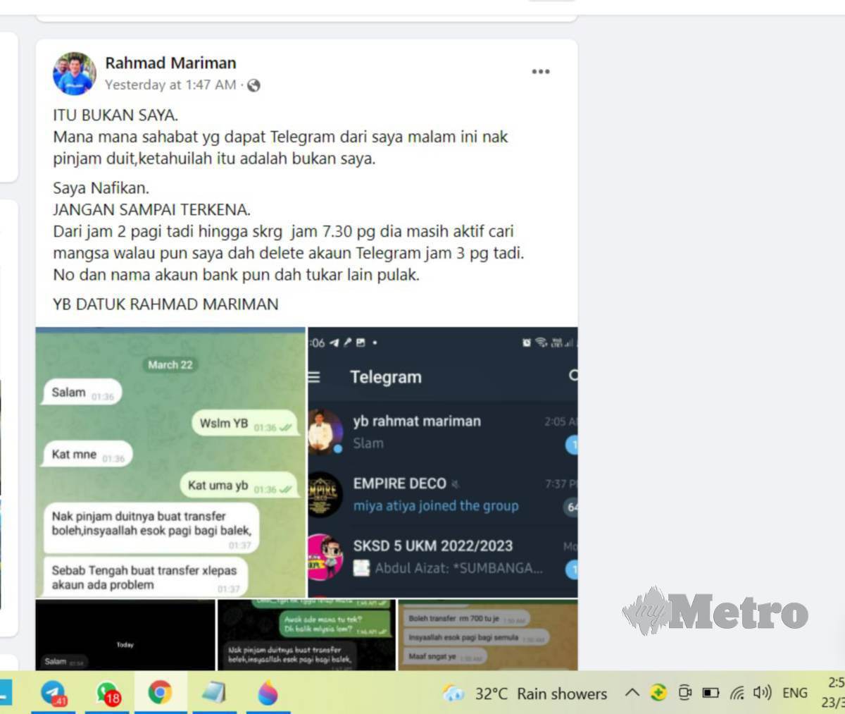TANGKAP layar di FB Rahmad mengenai aplikasi Telegram pada telefon pintarnya digodam. 