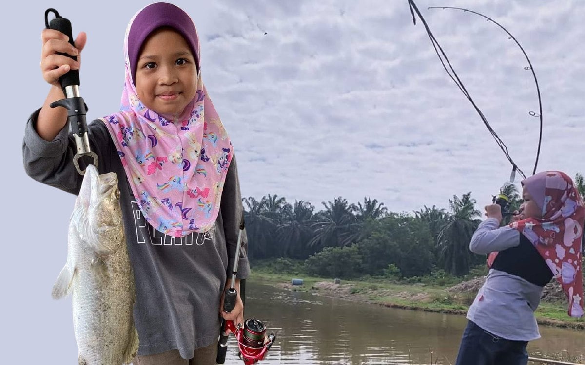 RAISHA  Nur Azrein minat memancing sejak berusia lima tahun dan aksinya menaikkan ikan siakap di sebuah kolam memancing mendapat pujian netizen di TikTok. Foto Ihsan Nurain Badrul Hisam