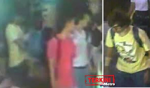 Dua lelaki berbaju merah dan berbaju putih (gambar kiri) dipercayai rakan subahat suspek (bderbaju kuning). - Foto Polis Diraja Thailand