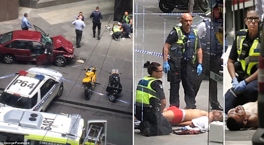 Polis melepaskan tembakan sebelum menahan lelaki yang memandu keretanya merempuh orang ramai di Melbourne. - Foto Agensi