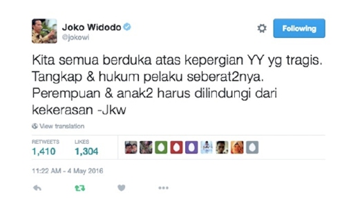 Komen Presiden Joko Widodo melalui Twitter yang mengutuk keganasan terhadap mangsa rogol yang dibunuh di Bengkulu. - Foto Twitter