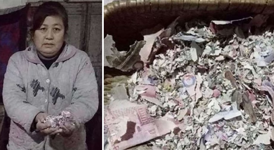 Wanita ini menunjukkan wang yang rosak dimakan tikus. - Foto Qq.com
