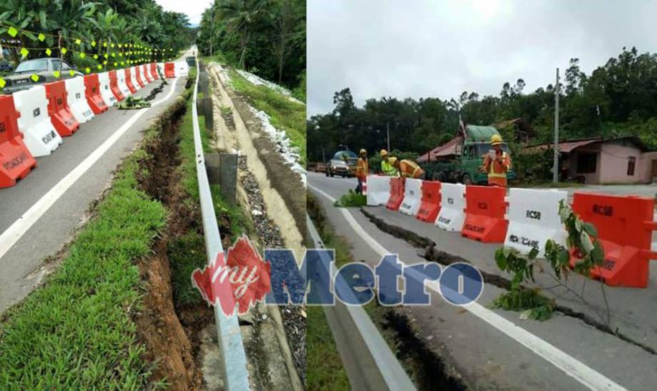 JALAN Gua Musang-Lojing di Kampung Kundur, Gua Musang, ditutup selorong selepas berlaku rekahan kira-kira 40 meter dan bahu jalan itu runtuh. FOTO Ramli Ibrahim