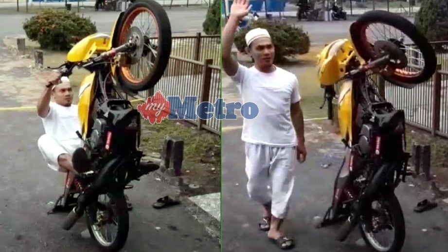 AKSI Mohd Al-Amirul Ashshahid menunggang dan meletak motosikal di pekarangan Masjid Ar-Rahmah, Kampung Sungai Buaya, Rawang.