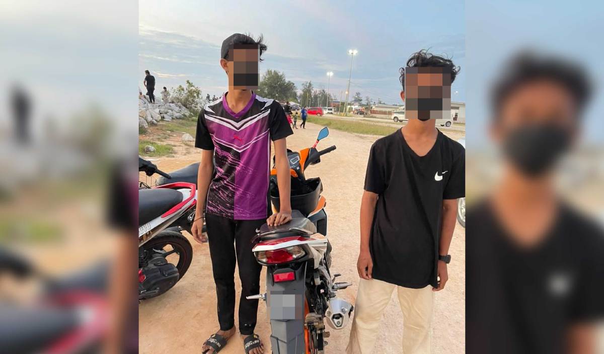 Dua remaja lelaki masing-masing berusia 15 tahun ditahan dalam Operasi Samseng Jalanan kerana didapati menunggang secara berbahaya di Pantai Remis, Jeram, semalam. FOTO Ihsan PDRM