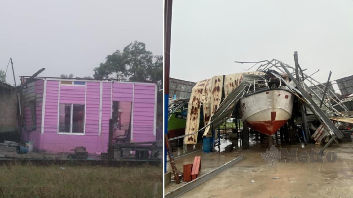 Rumah penduduk dan bot yang sedang dibaiki di limbungan APMM Tanjung Sedili mengalami kerosakan dlama kejadian ribut petang hari ini. Foto Ihsan PDRM dan APMM