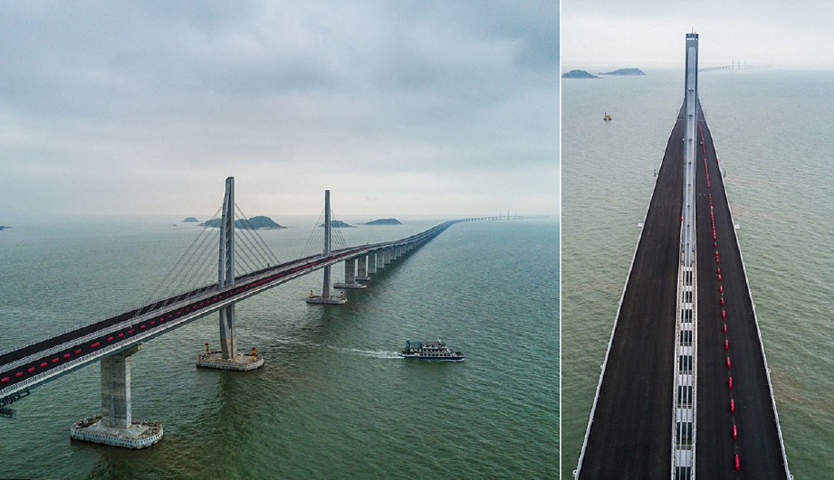 Jambatan merentas laut menghubung Hong Kong, Zhuhai and Macao sepanjang 54.7 kilometer akan dibuka hujung tahun ini. - Foto Daily Mail