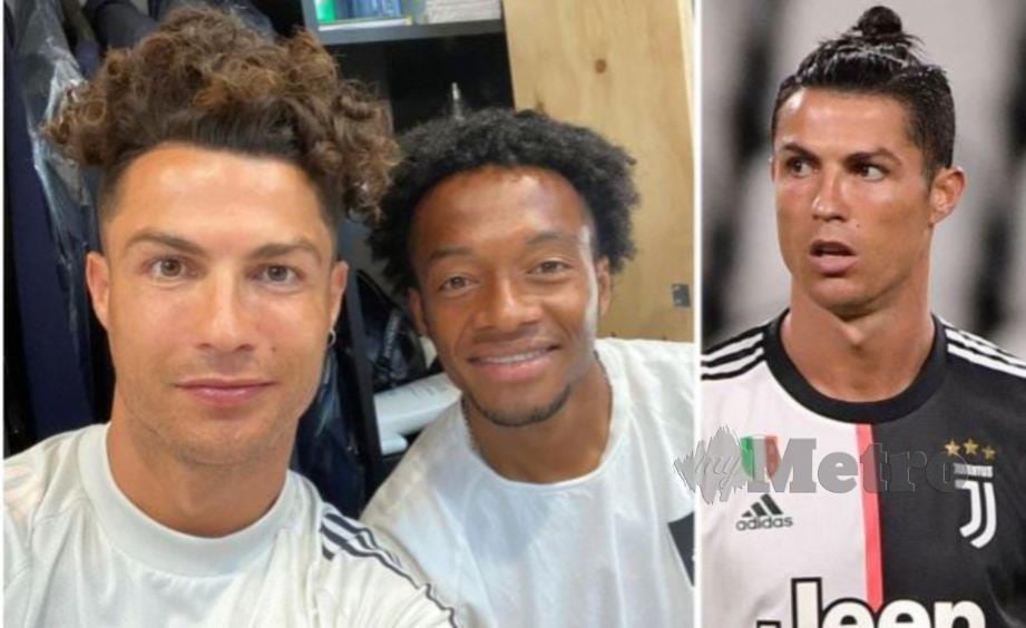 Gambar kiri : Ronaldo bersama Cuadrado. Gambar kanan : Ronaldo mengikat rambut ketika beraksi. FOTO Agensi