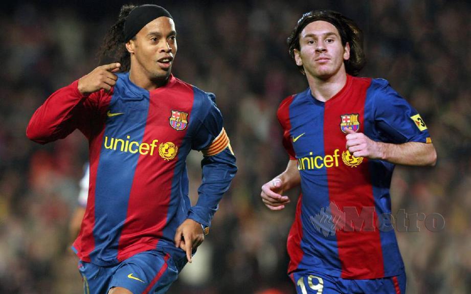 Bintang Barca, Ronaldinho (kiri) dan Messi punya bakat tersendiri. FOTO File Agensi