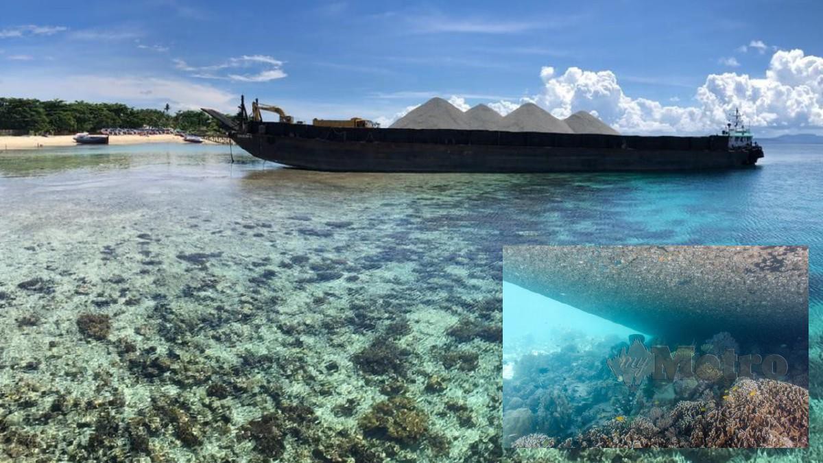 Lokasi tongkang membawa bahan binaan berlabuh di Pulau Mabul dan (gambar kecil) kerosakan terumbu karang yang dilanggarnya. Foto Ihsan Pembaca