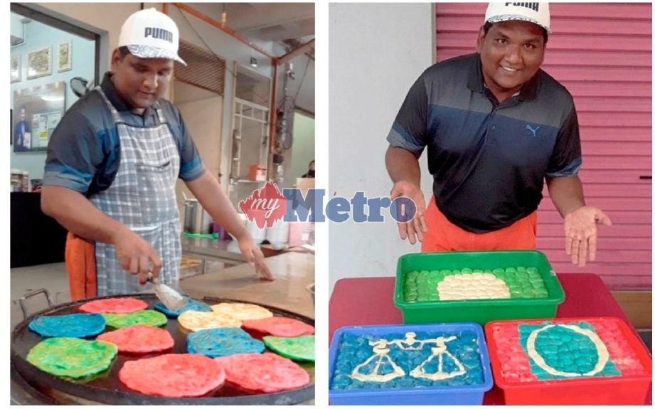 Mohd Najmuddin menggoreng roti canai  yang dengan warna-warna parti politik yang bertanding pada PRU-14. FOTO Zuliaty Zulkiffli 