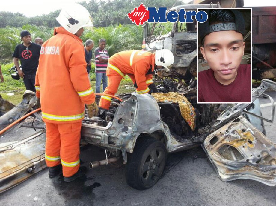 Wan Abdul Hakim rentung selepas kereta dipandu terbakar di KM 90, Jalan Jerangau-Jabor, pagi tadi. FOTO Rosli Ilham