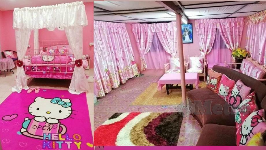 BILIK tidur dan ruang tamu dihias dengan warna merah jambu serta bertemakan Hello Kitty.