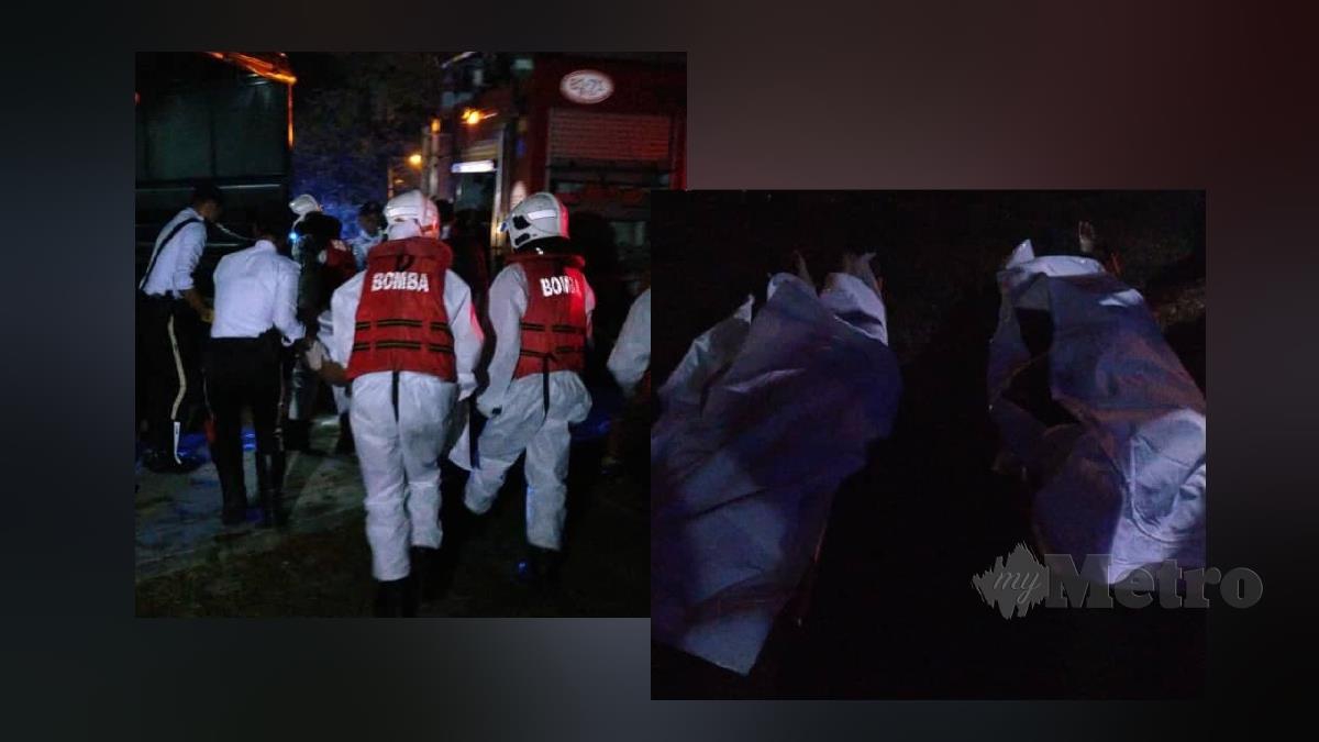 Anggota JBPM mengangkat mayat mangsa (kiri) dan dua mayat mangsa ditemukan lemas dalam Tasik Biru. FOTO ihsan JBPM