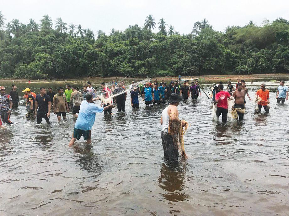 PENDUDUK Kampung Dusun beramai-ramai menyertai pesta ‘mengero ikan’ yang diadakan setahun sekali.