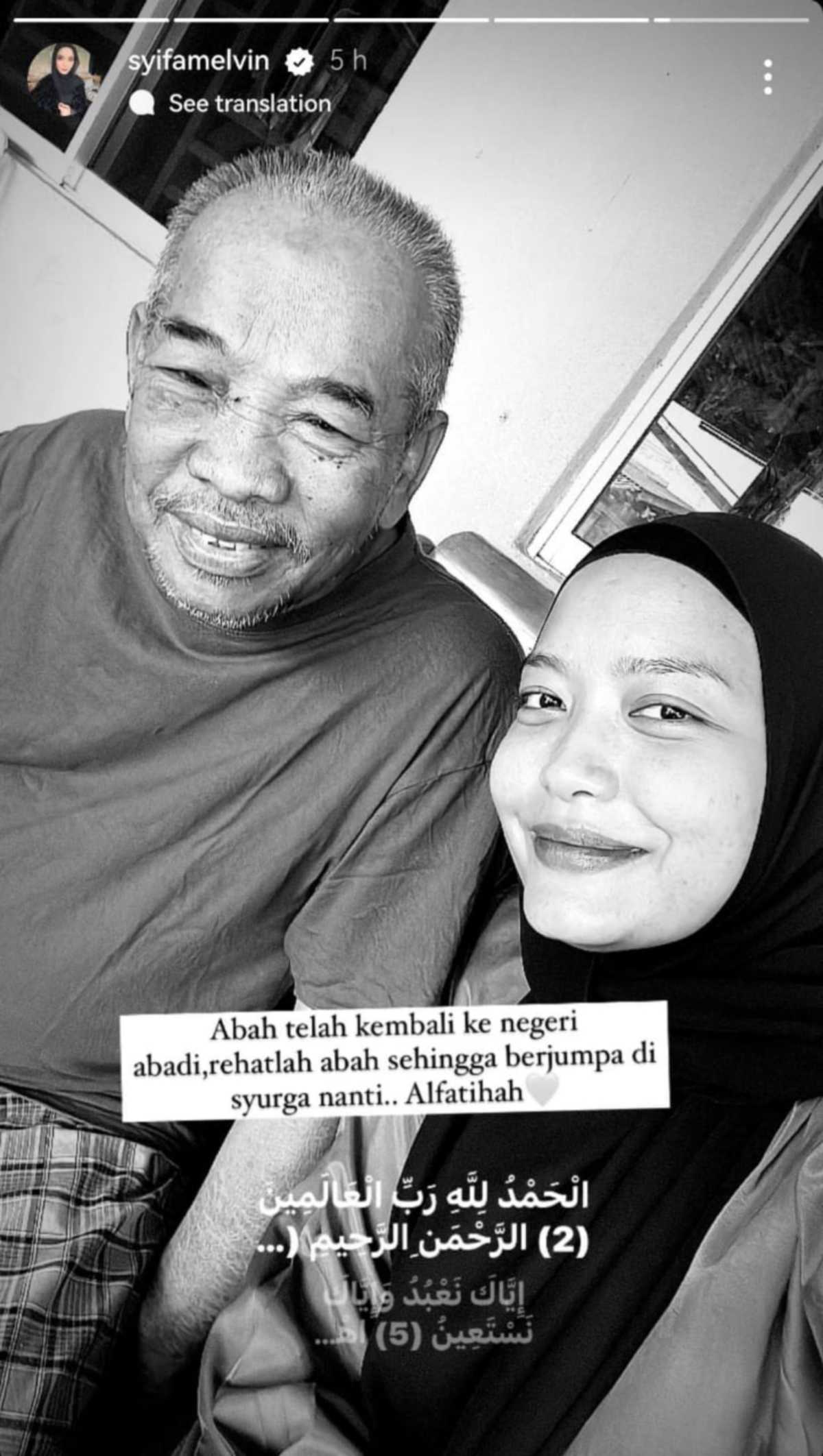 SYIFA berkongsi berita kehilangan bapa mentuanya awal pagi tadi. -FOTO Instagram