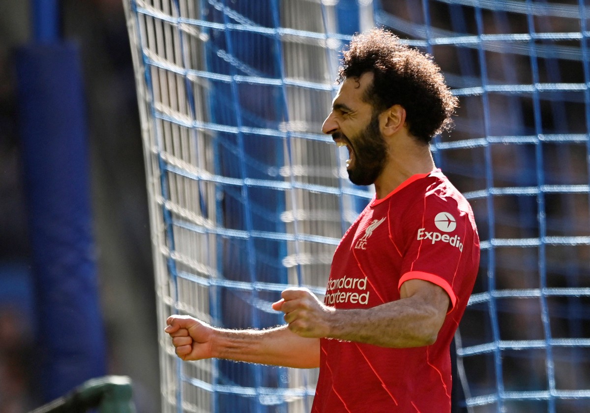 Penyerang Liverpool, Mohamed Salah meraikan jaringan dalam aksi Liga Perdana. FOTO Reuters