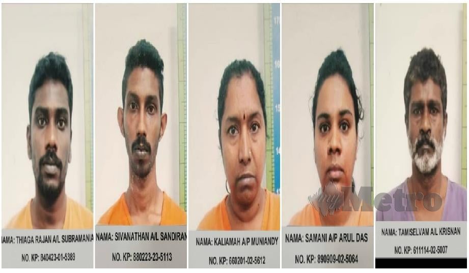 Lima individu yang dicari polis untuk saksi perbicaraan di Mahkamah Seksyen Jenayah 2 Johor Bahru pada 13 Januari ini. Foto Ihsan Polis