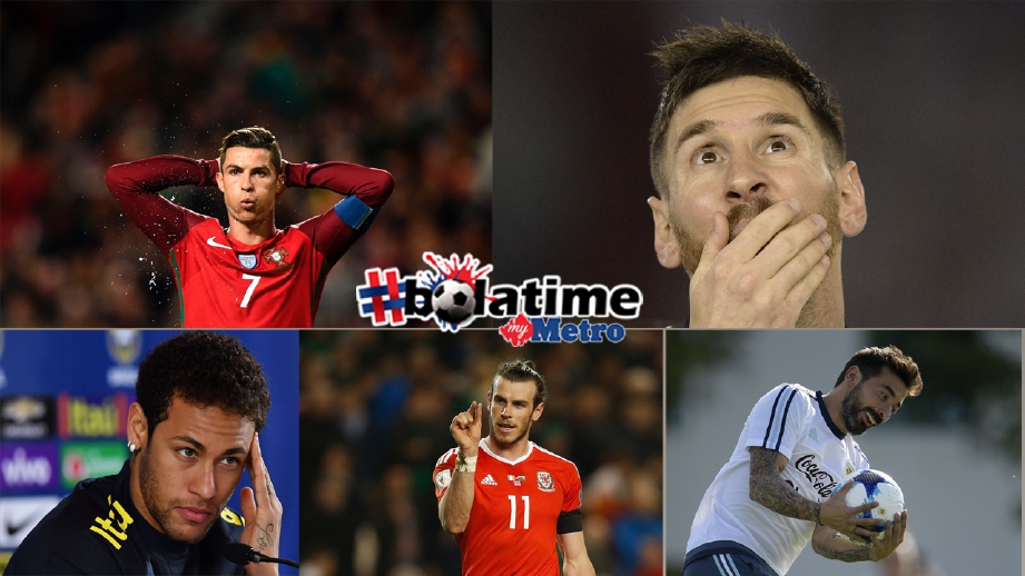 (Dari kiri), Ronaldo, Messi, Lavezzi, Bale dan Neymar. FOTO AFP/REUTERS