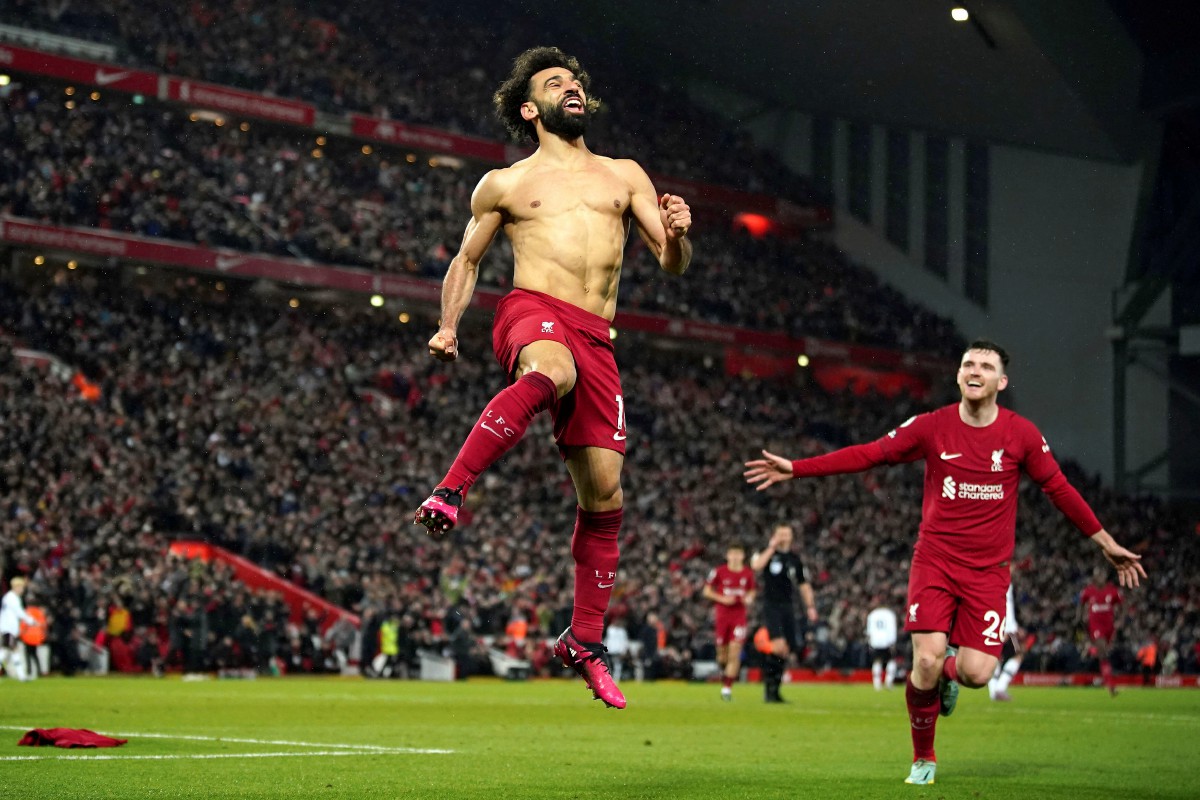 SALAH meraikan jaringan keenam untuk Liverpool. FOTO AP