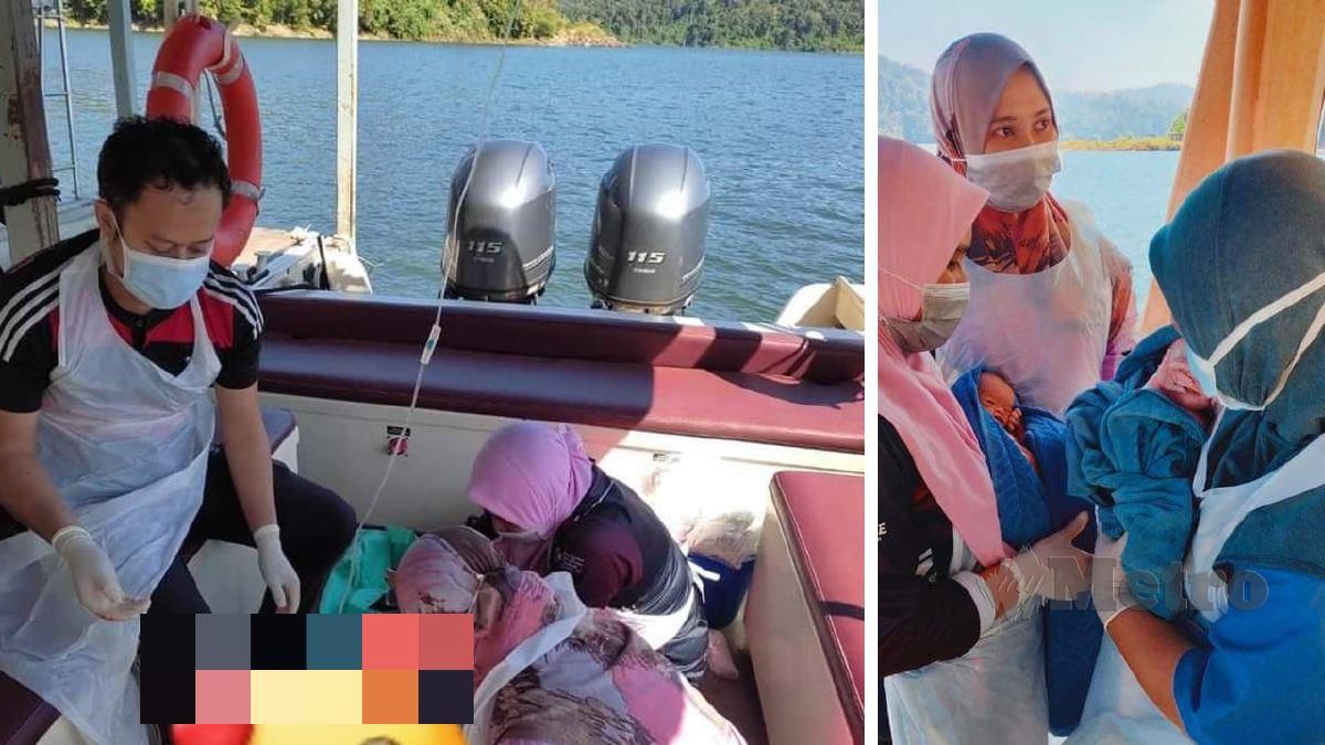 Petugas kesihatan membantu wanita Orang Asli bersalin dalam bot di Tasik Banding, Gerik pada Sabtu lalu. Gambar kanan) Petugas kesihatan bersama bayi kembar yang dilahirkan. Foto Ihsan FB Jabatan Kesihatan Negeri Perak