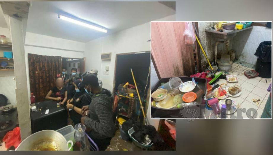 WANITA yang menjadikan kediamannya ‘port’ dadah ditahan penguat kuasa AADK. (Gambar kanan) Keadaan dapur keluarga itu. FOTO Hafidzul Hilmi Mohd Noor