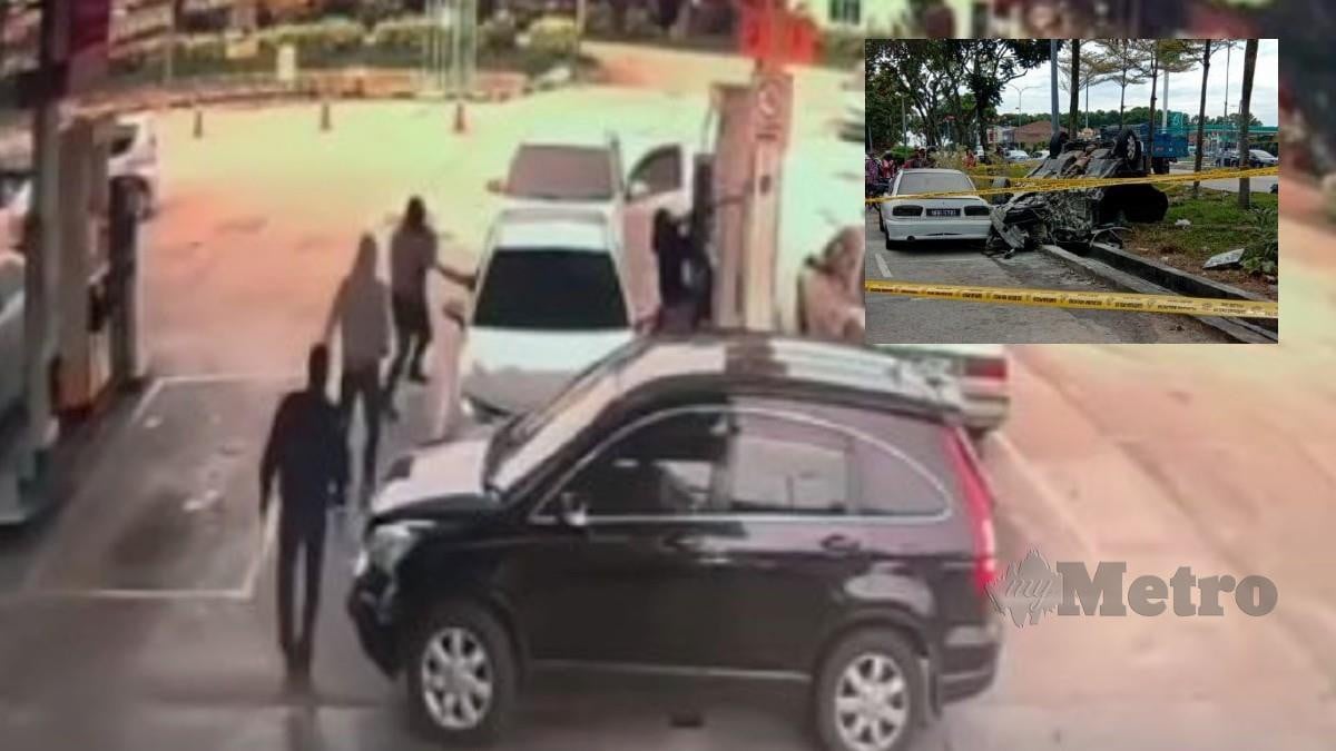 Rakaman CCTV kejadian samun di sebuah stesen minyak dan (gambar kecil) kenderaan dinaiki suspek terbalik. Foto Mohd Khidir Zakaria