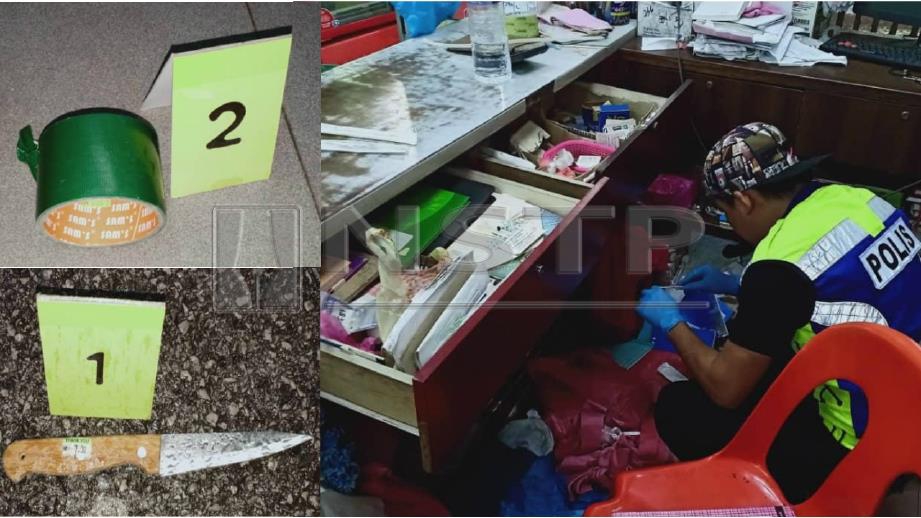  Anggota polis memeriksa kedai runcit yang dirompak lapan lelaki. (Gambar kecil) Pita pelekat dan pisau yang ditemui di lokasi kejadian. FOTO HArun Yahya
