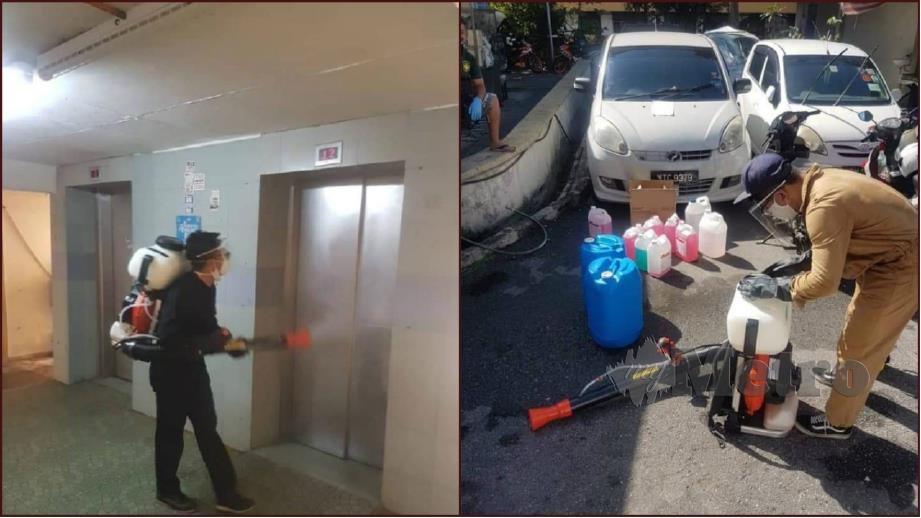 PENDUDUK Perumahan Awam Sri Pahang, Kuala Lumpur melakukan kerja sanitasi awam susulan wabak Covid-19 di kawasan itu. FOTO Ihsan Abdullah Din.