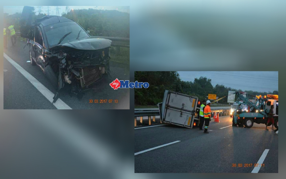 Keadaan kenderaan yang terbabit kemalangan di Kilometer 390.3 Lebuhraya PLUS pagi tadi. FOTO ihsan pembaca
