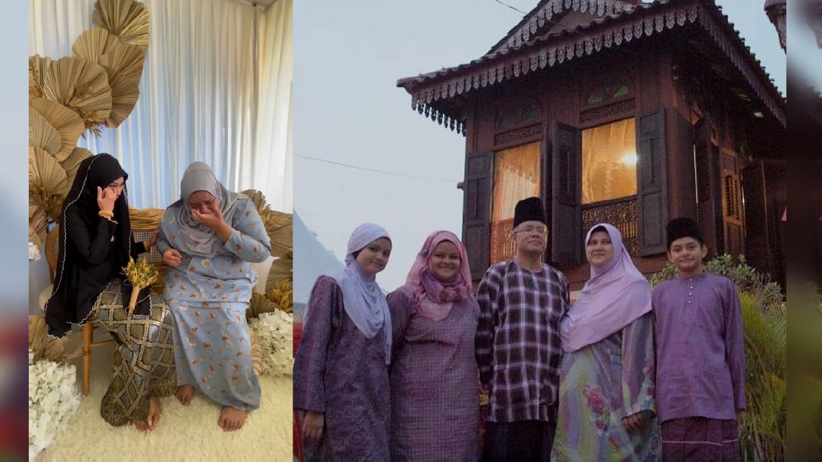 (kiri) NURAQILA Syamila sebak ketika menyarung cincin ke tangan bakal adik iparnya. (kiri) Gambar kenangan bersama keluarga. FOTO Ihsan Nuraqila Syamila