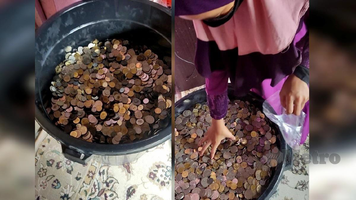 KANAK-KANAK datang beraya mengambil sendiri duit syiling dalam tong disediakan. FOTO ihsan Nor Shazeila Zainal Abidin 