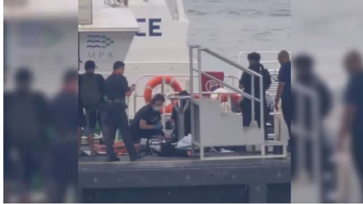 TANGKAP layar video yang dihantar kepada CNA menunjukkan pihak berkuasa bertindak balas terhadap insiden di Marina South Pier  pada Jun 18. 