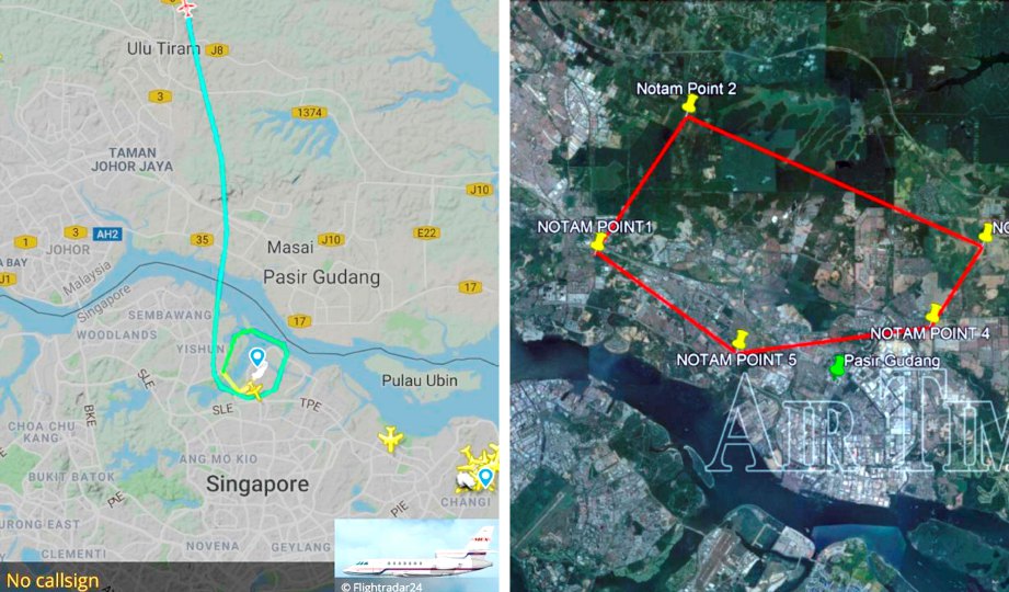 TINJAUAN menerusi laman sesawang Flight Radar 24 menunjukkan sebuah pesawat persendirian jenis Dassault Falcon 50 terbang dari Lapangan Terbang Seletar melalui kawasan larangan kekal di ruang udara Pasir Gudang. 