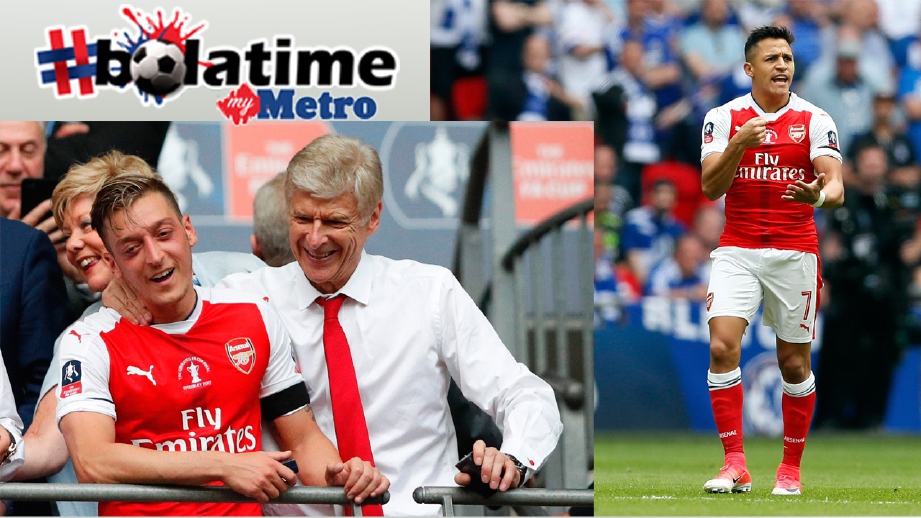 Wenger (tengah) mahu Ozil (kiri) dan Sanchez terus bersama Arsenal. FOTO AP/AFP 