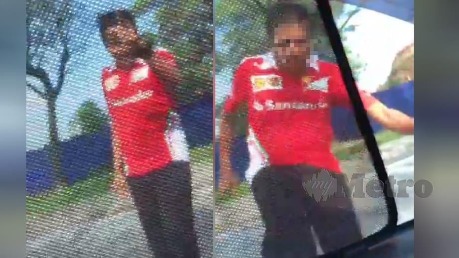 PEMANDU lelaki memaki hamun dan menyepak kereta dipandu seorang wanita di Taman Anggun Rawang, Rawang, semalam. FOTO dari video tular.