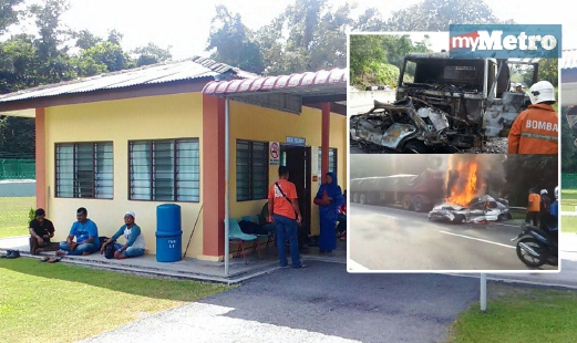 KELUARGA mangsa berada di Unit Forensik Hospital Kuala Kangsar untuk proses pengecaman mayat. Gambar kecil, keadaan kenderaan yang terbabit kemalangan. FOTO Farhan Najib 