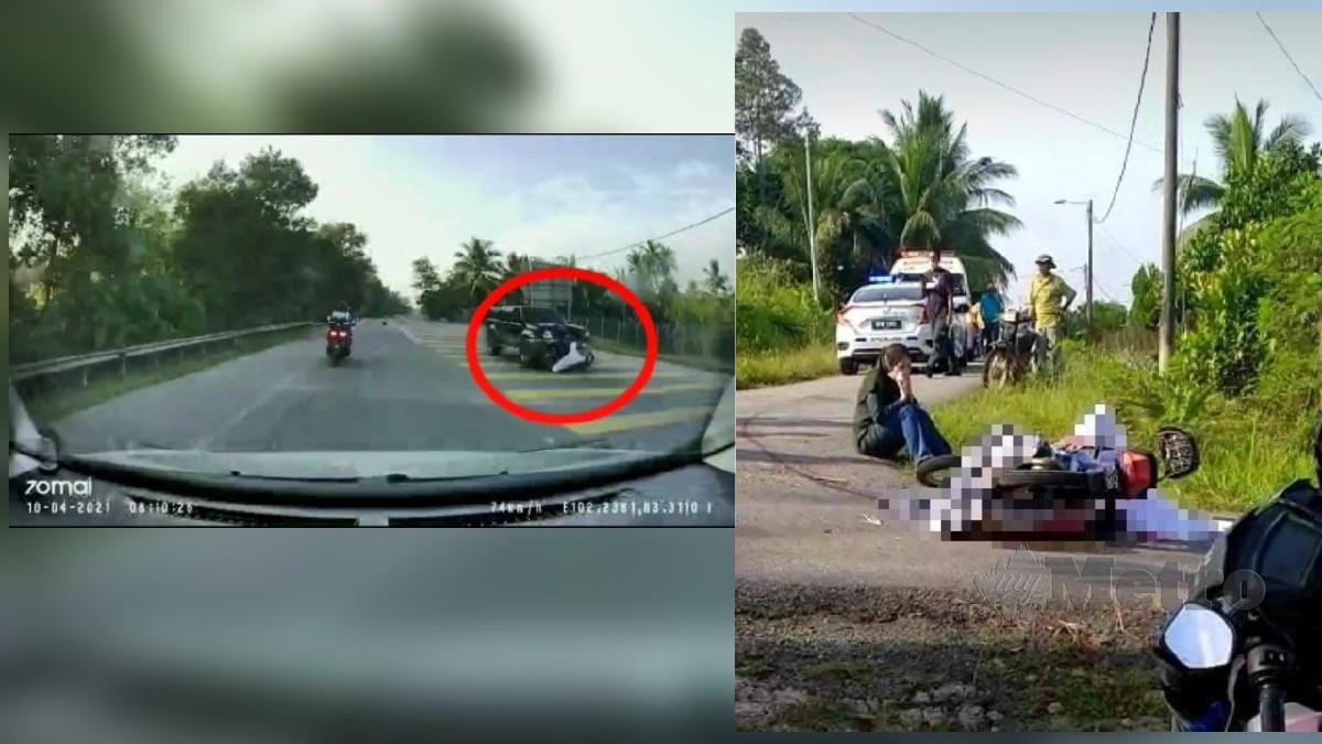 RAKAMAN video motosikal mangsa ‘terlekat’ di depan kenderaan. (Gambar kanan) Mangsa maut selepas diseret sejauh tiga kilometer. FOTO ihsan polis