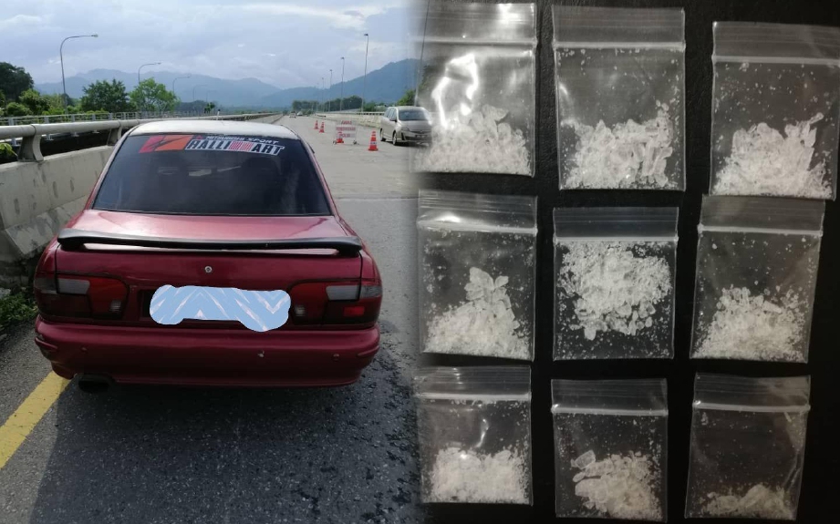 (KANAN) dadah jenis syabu milik suspek yang ditahan sekatan jalan raya yang dilakukan IPD Serian di jambatan Sadong. FOTO IHSAN POLIS
