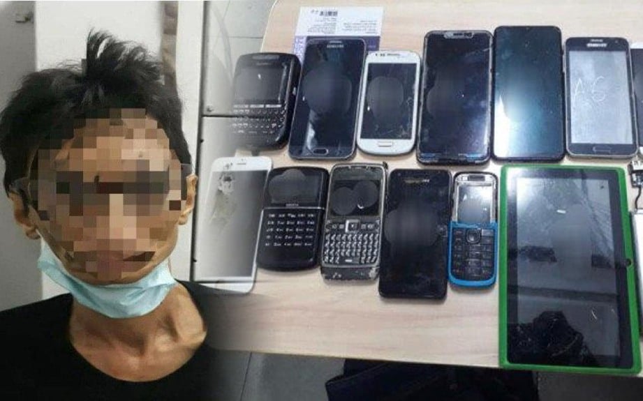 SUSPEK ditahan dirumahnya bersama 12 buah telefon pintar yang dicurinya. FOTO IHSAN PDRM