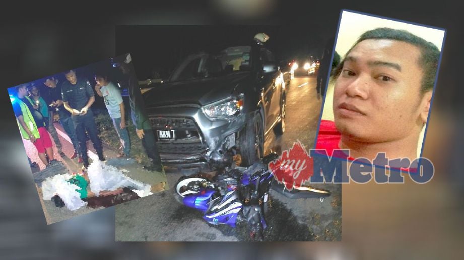Anggota polis memeriksa mayat Muhammad Ridzuan yang dirempuh Mitsubishi ASX (kiri sekali). (Gambar kecil) Muhammad Zamir Eizlan meninggal dunia dalam kemalangan di Jalan Lencongan Timur. FOTO Omar Osman.