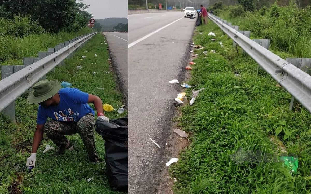 PENDUDUK Padang Tengku bergotong royong mengutip sampah di sepanjang Lebuhraya CSR Merapoh ke Gua Musang berhampiran Padang Tengku. FOTO ROSELAN AB MALEK