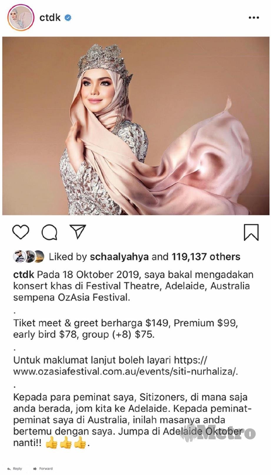 PERKONGSIAN Siti di Instagram mengenai konsert di Adelaide.