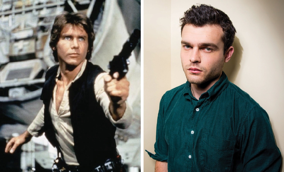 FORD (kiri) ketika membawa watak Han Solo dalam siri Star Wars. Ehrenreich sebagai Han Solo ‘baru’.