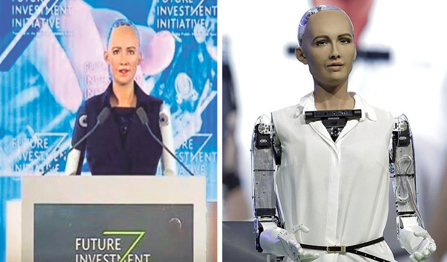SOPHIA ketika memberi ucapan dalam satu persidangan di Riyadh baru-baru ini. Gambar kanan, robot manusia yang dikenali sebagai Sophia ini mempunyai kecerdasan buatan  yang canggih. FOTO Agensi