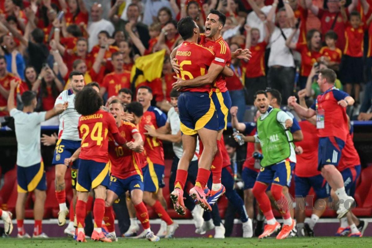 Pasukan Sepanyol meraikan kejayaan mereka selepas menumpaskan Perancis 2-1 pada aksi separuh akhir Euro 2024.